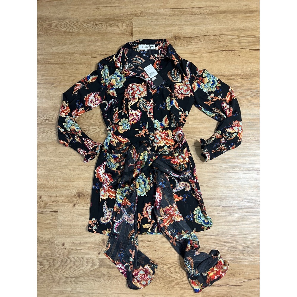 NWT ELLIATT Independence Dress Small Black Floral Tie Waist Shirt Mini $199